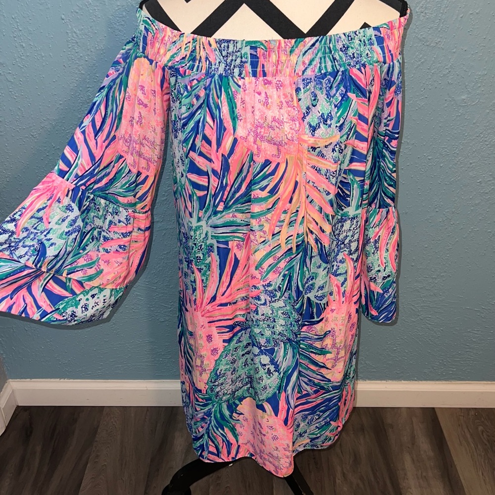 Lilly Pulitzer Pink Blue Green Off-Shoulder Mini Dress